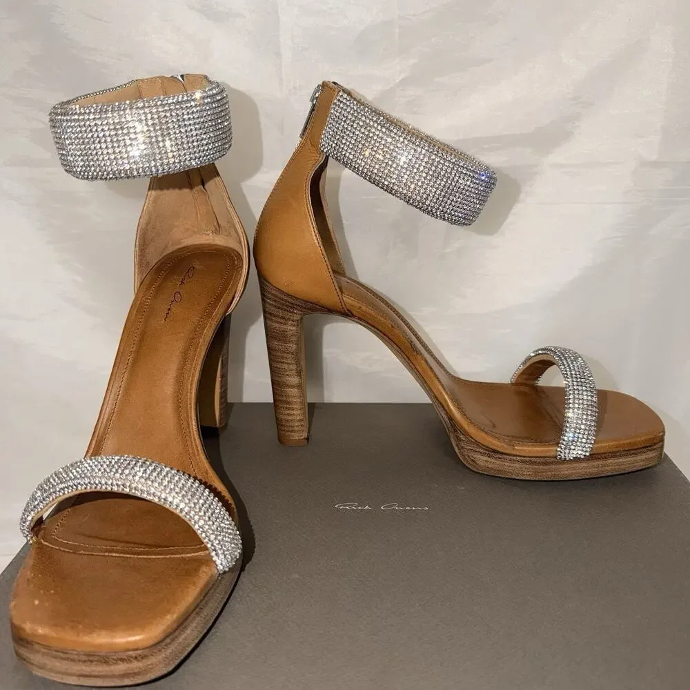 Rick Owens Hydra Sandal Honey Brown Diamond Crystal Platform Heel 41 US 10 1/2